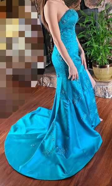 Niulatu Strapless Sheath Blue Long Prom Dresses Beaded Satin Blue Long Evening Dresses Applique Sleeveless Formal Dresses HZ1026